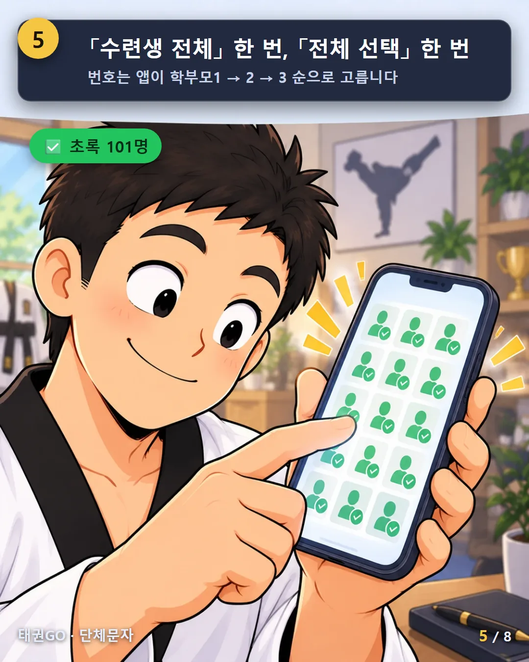 5컷 — 수련생 전체 한 번, 전체 선택 한 번. 번호는 앱이 학부모1 → 2 → 3 순으로 고릅니다