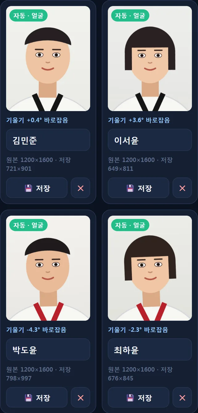 사진 네 장이 같은 얼굴 크기·같은 눈 높이로 정리되고 이름 칸에 아이 이름이 적힌 화면